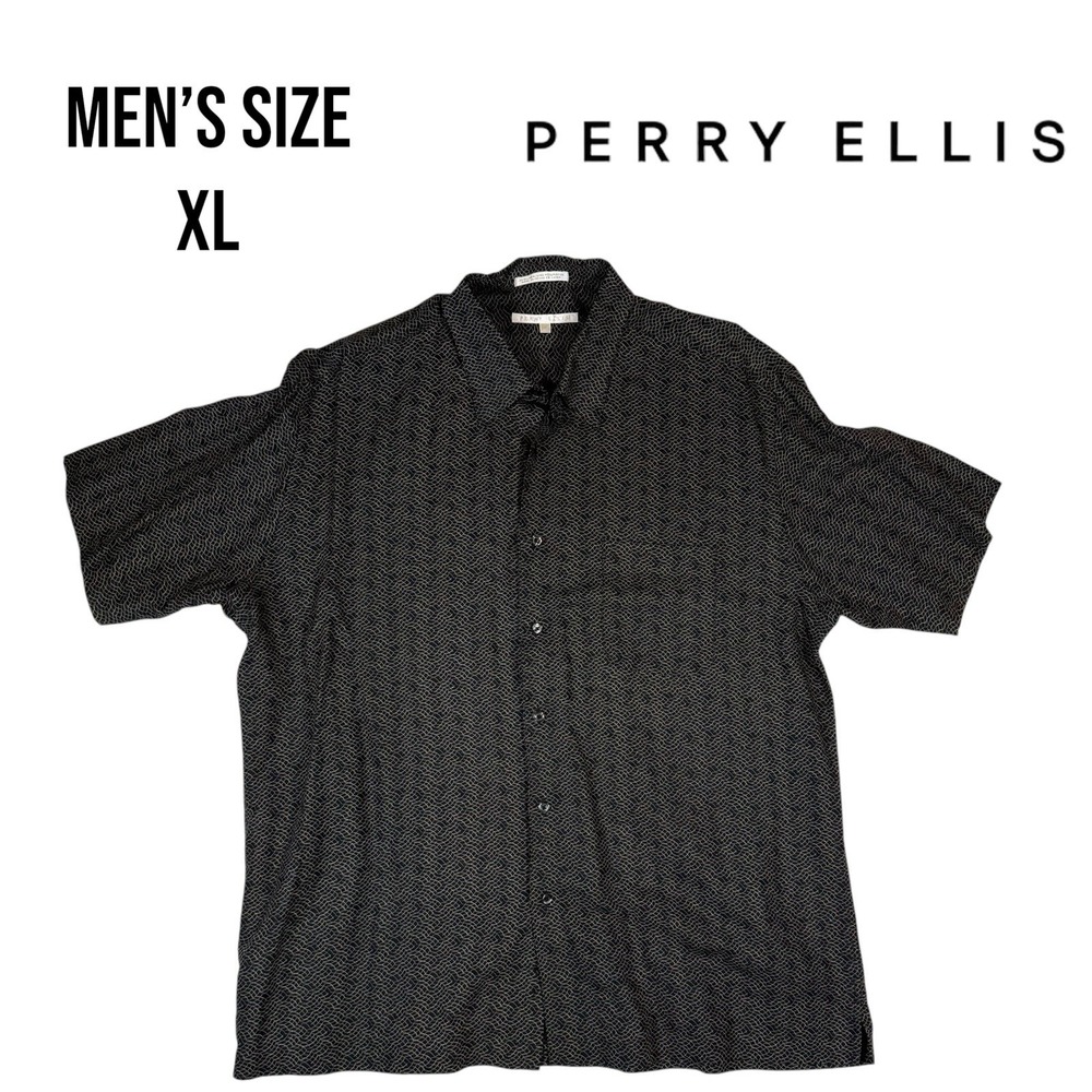 Perry Ellis Men's XL Button Up Shirt Black Gold‎ Linen Blend Short Sleeve Resort